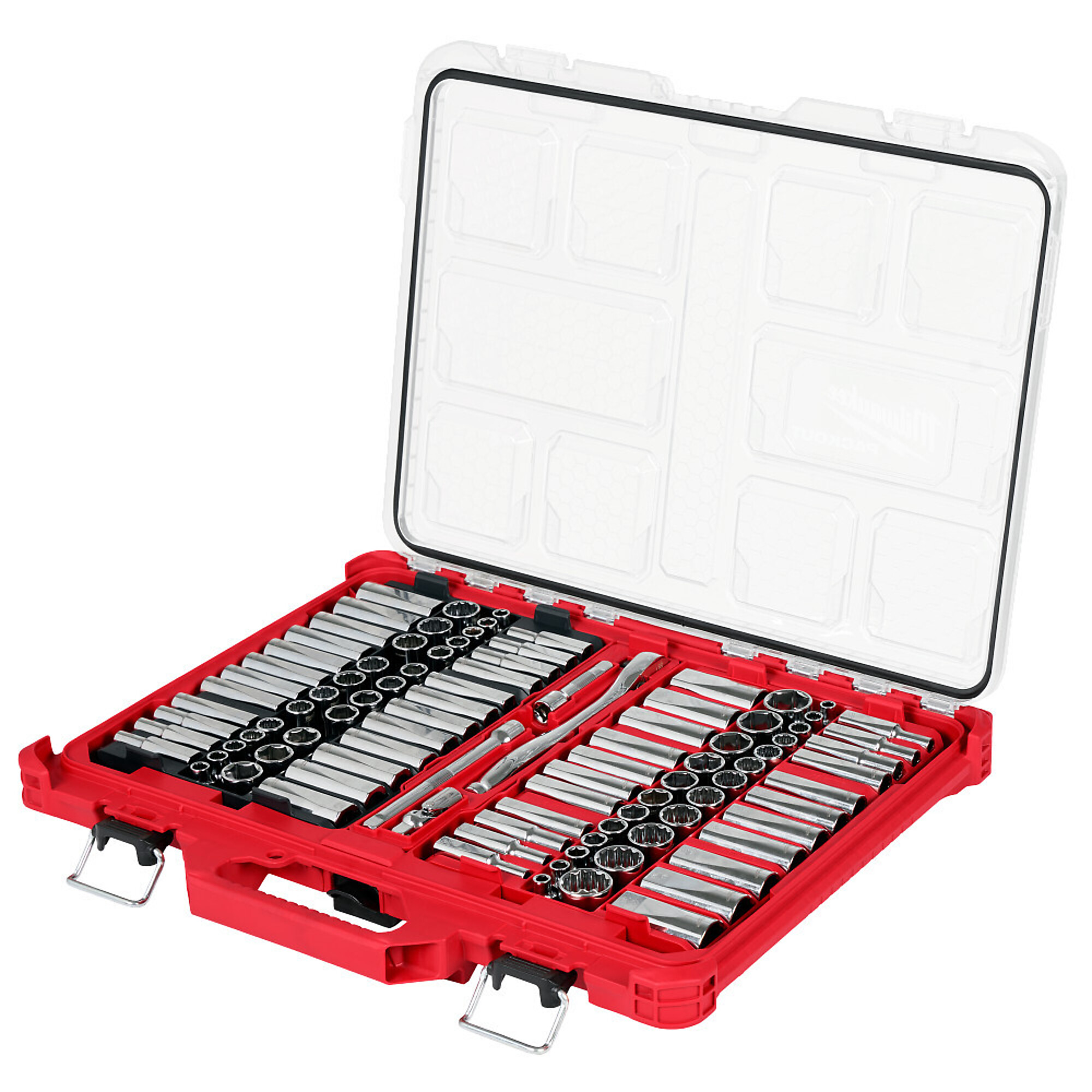 Milwaukee 98pc 3/8" 6-Pt and 12-Pt Metric & SAE Ratchet & Socket Set with PACKOUT™ Low-Profile Organizer, Model# 48-22-9285